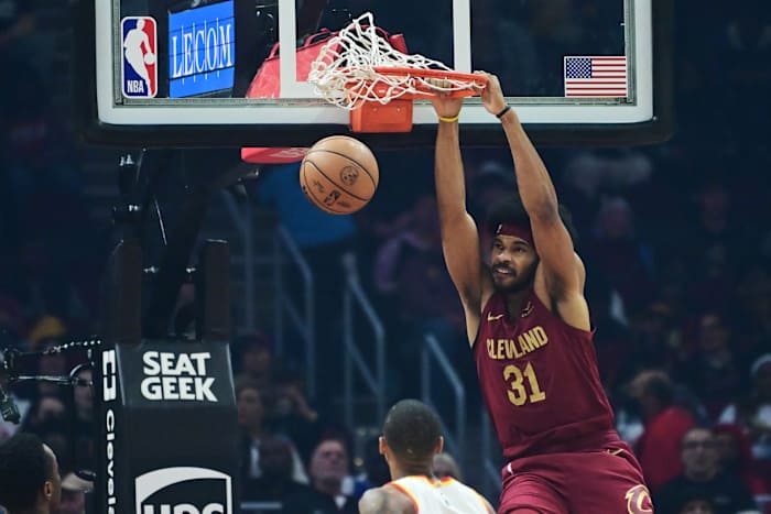 Dec 16, 2023; Cleveland, Ohio, USA; Cleveland Cavaliers center Jarrett Allen (31) dunks during the first quarter against the Atlanta Hawks at Rocket Mortgage FieldHouse.
